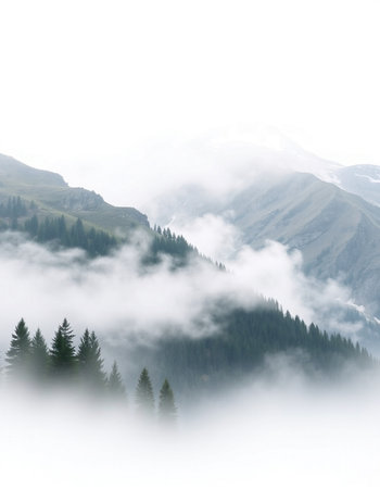 Foggy mountain landscape in the French Alps with coniferous forestの写真素材