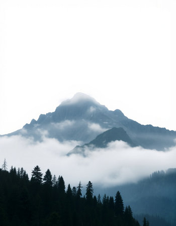 Mountain landscape with fog in the foreground and trees in the backgroundの写真素材