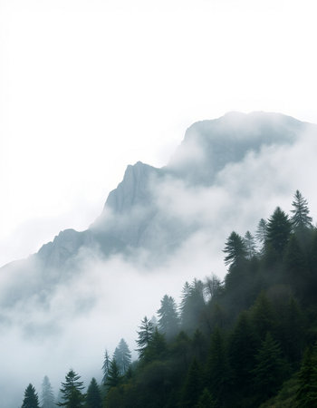 Foggy mountain landscape with coniferous forest on the slopeの写真素材