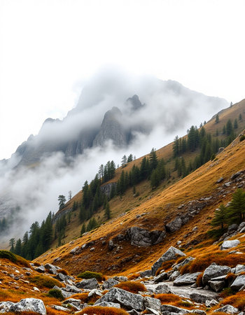 Mountain landscape with fog in autumn. Dolomites, Italyの写真素材