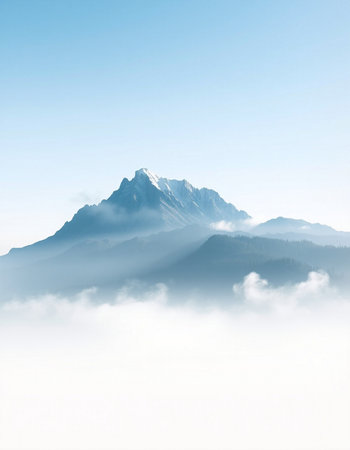 Mountain peak in the clouds. Blue sky. 3d renderの写真素材