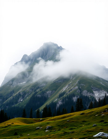 Mountain landscape with fog in the italian dolomitesの写真素材