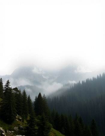 Foggy landscape in the mountains with coniferous trees.の写真素材