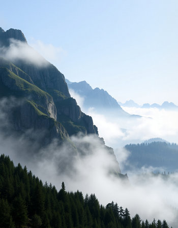 Mountain landscape with clouds and fog in the valley, Dolomites, Italyの写真素材