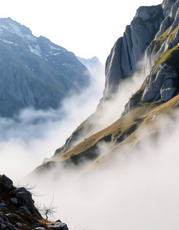 Mountain landscape with clouds and fog.の写真素材