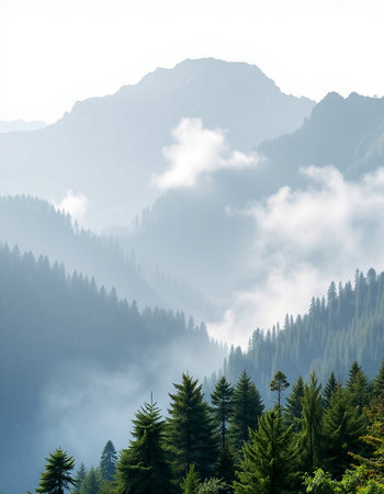Mountain landscape with coniferous forest and fog in the morningの写真素材