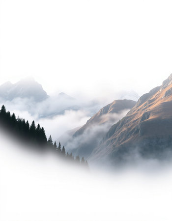 Mountain landscape with forest and fog. Caucasus Mountains, Georgia.の写真素材