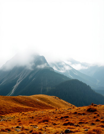 Autumn mountain landscape with fog and clouds. Carpathian, Ukraineの写真素材