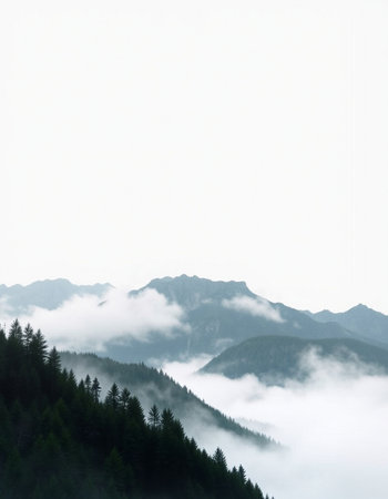 Mountain landscape with fog in the morning. Carpathians, Ukraineの写真素材