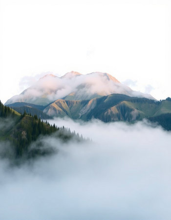 Mountain landscape with clouds and fog in the morning. Caucasus, Russiaの写真素材