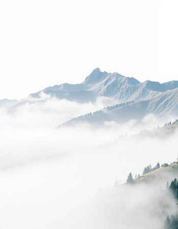 Mountain landscape with fog in the morning. Caucasus Mountains, Georgia.の写真素材