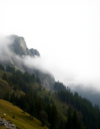 Mountain landscape with fog and clouds in Dolomites, Italyの写真素材