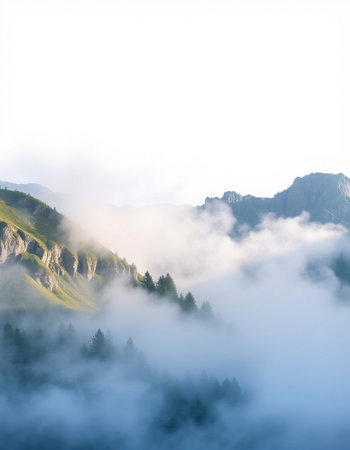 Foggy mountain landscape in the morning. Caucasus Mountains, Georgia.の写真素材