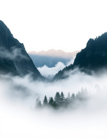 Mountain landscape with coniferous forest and fog in the morningの写真素材