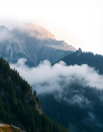 Mountain landscape with fog in the italian dolomitesの写真素材