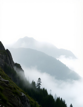 Foggy mountain landscape with fir trees and rocks in the foregroundの写真素材
