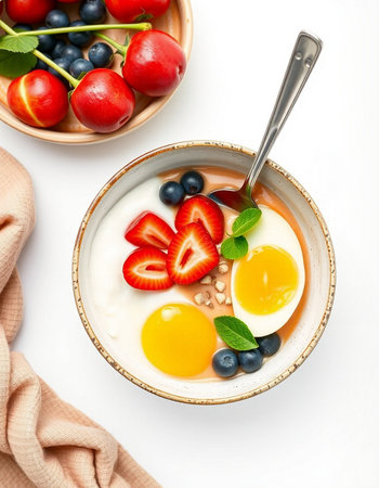 Healthy breakfast with yogurt, berries and egg on a white backgroundの写真素材