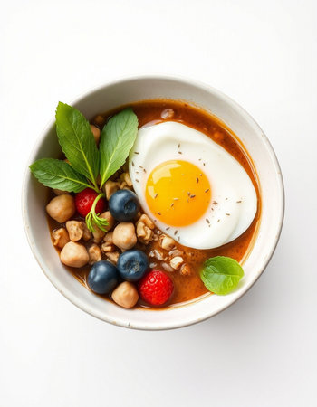 Cup of soup with egg and chickpeas on white backgroundの写真素材