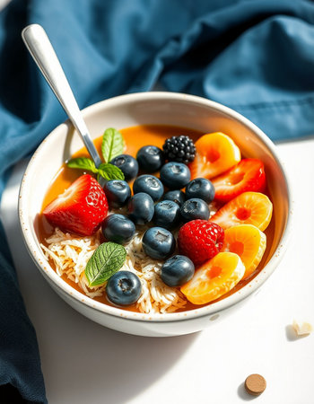Healthy breakfast with oatmeal, berries and fruits in a bowlの写真素材