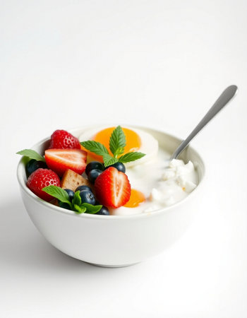 Greek yogurt with fresh fruits and berries in a bowl on white backgroundの写真素材