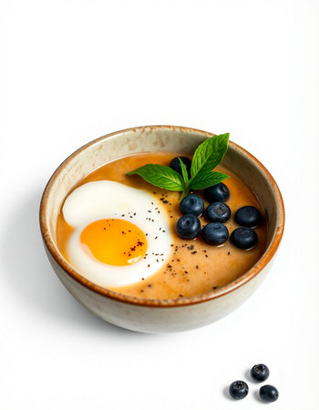 Cup of soup with blueberries and egg, isolated on whiteの写真素材