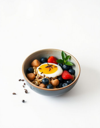 Healthy breakfast bowl with oatmeal, berries and egg on white backgroundの写真素材