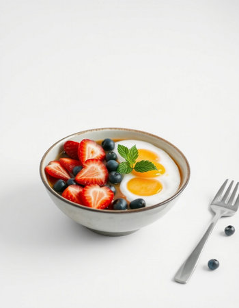 Healthy breakfast with yoghurt, strawberries and blueberries on white backgroundの写真素材