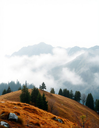 Foggy morning in the mountains. Carpathians, Ukraine, Europeの写真素材