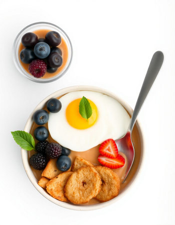 Bowl of breakfast with fried egg, berries and crackers on white backgroundの写真素材