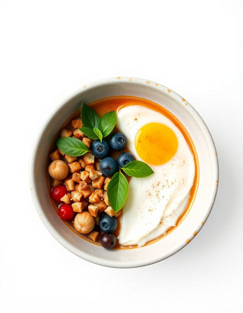 Chickpeas with yoghurt, blueberries and cherriesの写真素材