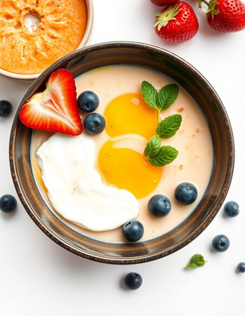Healthy breakfast with yogurt, berries and egg yolk on white backgroundの写真素材