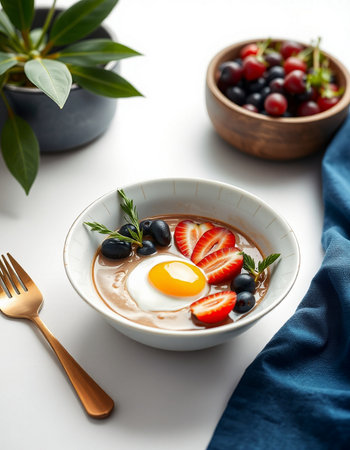 Healthy breakfast with yogurt, berries and egg in bowl on white backgroundの写真素材