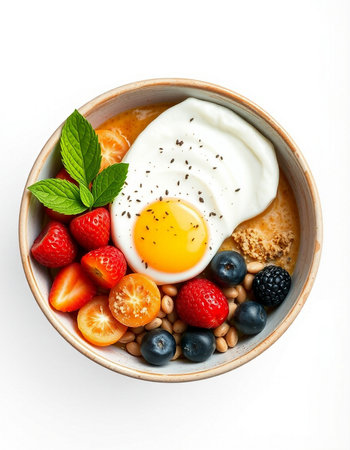 Bowl of oatmeal porridge with fresh berries and fried eggの写真素材
