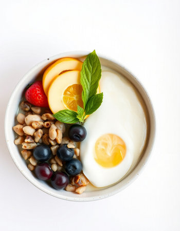 Healthy breakfast with oatmeal, berries, fruits and eggの写真素材