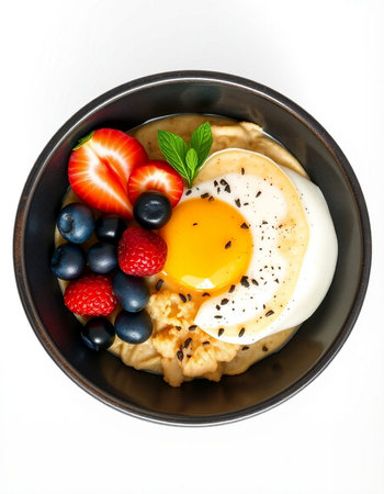 Healthy breakfast with oatmeal, berries and egg on white backgroundの写真素材