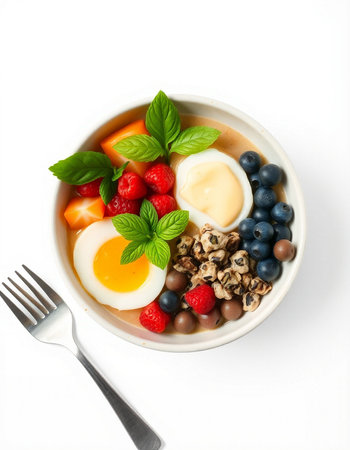 Healthy breakfast with oatmeal, berries and eggs on white backgroundの写真素材