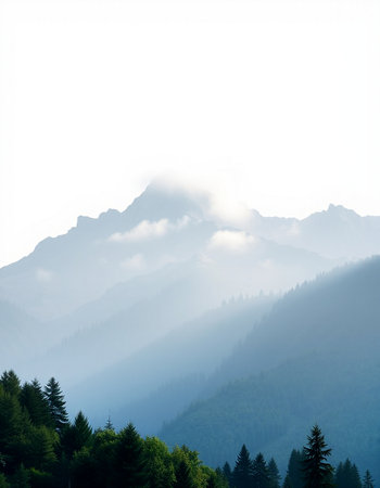 Foggy mountain landscape with coniferous forest in the foregroundの写真素材