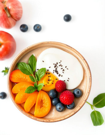 Healthy breakfast bowl with yogurt, berries and fruits on white backgroundの写真素材