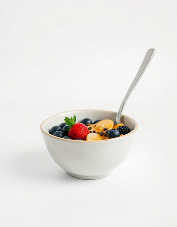 bowl of oat flakes with fresh berries and spoon on white backgroundの写真素材