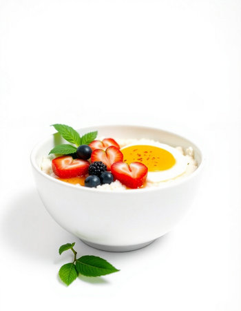 berries and egg on a white background in a bowlの写真素材