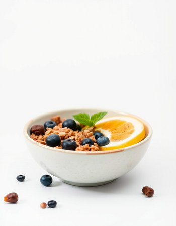 Bowl of granola with blueberries on white backgroundの写真素材