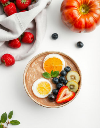 Smoothie bowl with fresh fruits and berries on white backgroundの写真素材