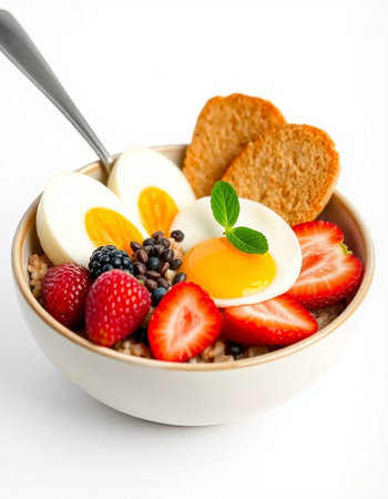 Bowl of oatmeal with fresh berries and egg on white backgroundの写真素材
