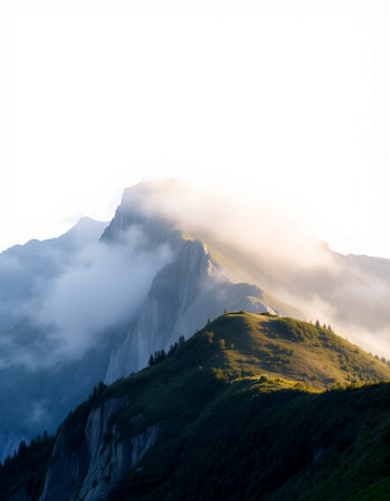 Mountain landscape with fog and clouds. Dolomites, Italyの写真素材
