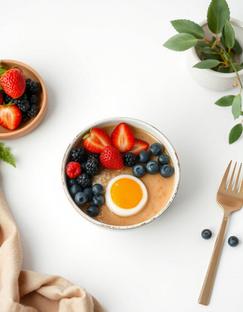 Oatmeal porridge with berries and egg on white background, top viewの写真素材
