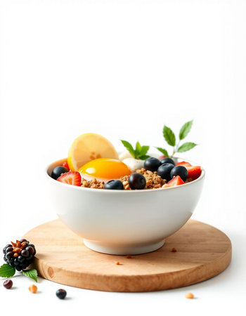 Bowl of oatmeal with berries and lemon on a white backgroundの写真素材
