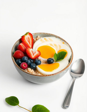 Healthy breakfast with oatmeal, berries and eggs on white backgroundの写真素材