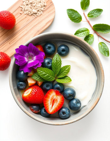 Healthy breakfast with yoghurt and fresh berries on white backgroundの写真素材