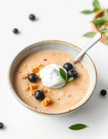 Bowl of homemade oatmeal with yogurt and berries on white backgroundの写真素材