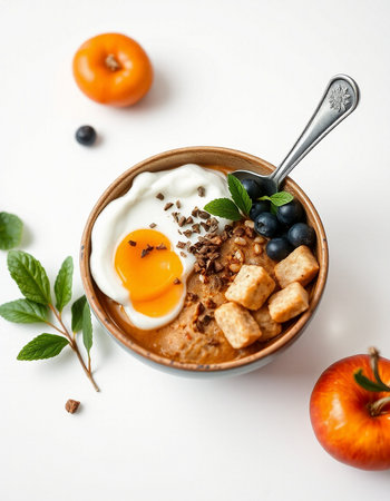 Healthy breakfast bowl with oatmeal, yogurt, berries and fruitsの写真素材